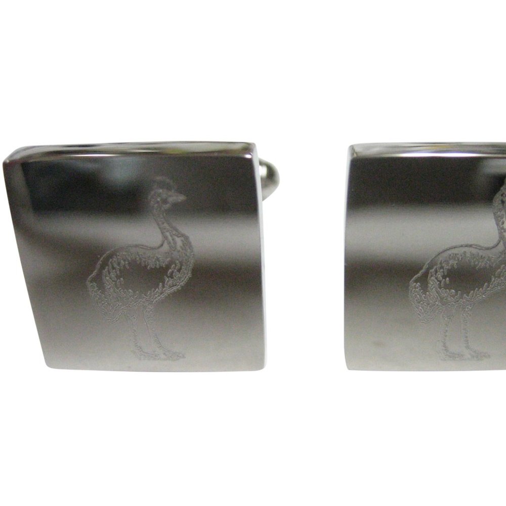 Silver Toned Square Etched Cassowary Bird Cufflinks